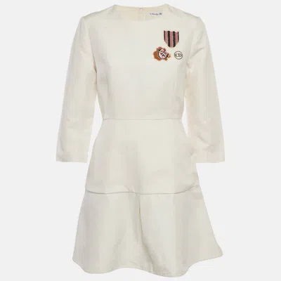 Pre-owned Dior Christian  Off-white Cotton Applique Detail Mini Dress M