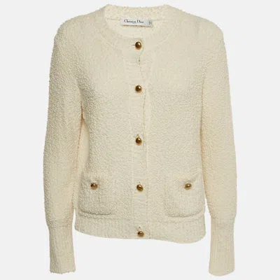 Pre-owned Dior Christian  Off White Textured Wool Button Detail Cardigan Xl