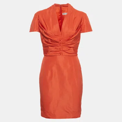 Pre-owned Dior Christian  Orange Pleated Sateen V-neck Mini Dress L
