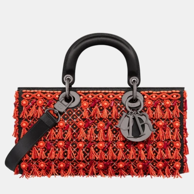 Pre-owned Dior Christian  Orange Satin Embroidered Medium Lady D-joy Bag