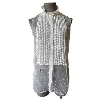 Pre-owned Dior Christian  Paris White Polka Dot Tulle And Lace Sleeveless Blouse