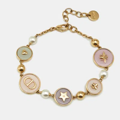 Pre-owned Dior Christian  Pastel Resin Faux Pearl Gold Tone Charm Bracelet