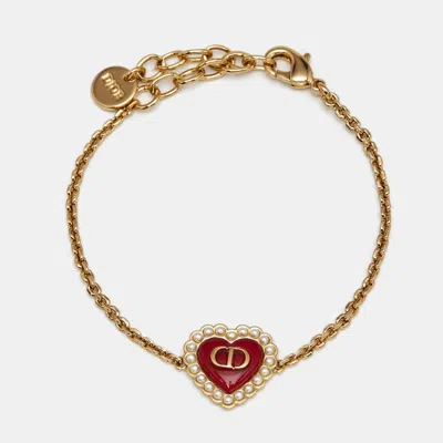 Pre-owned Dior Christian  Petit Cd Baroque Heart Resin Faux Pearl Gold Tone Bracelet