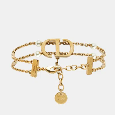 Pre-owned Dior Christian  Petit Cd Double Chain Faux Pearl Gold Tone Bracelet