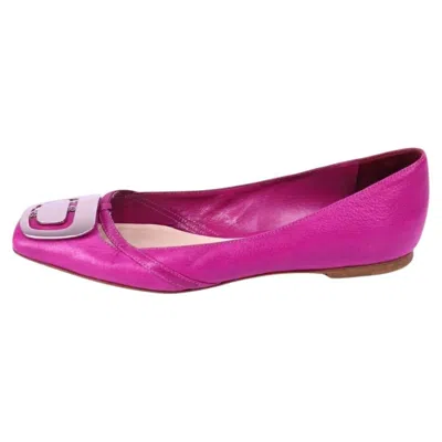 Pre-owned Dior Christian  Pink Leather Ballet Flats With Silver Plaque Detail - Eu 37