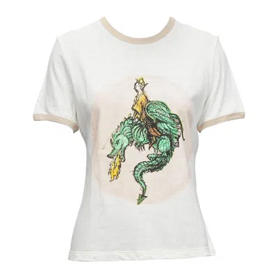 Pre-owned Dior Christian  Princess And Dragon Green Cream Beige Foil Print Ringer Tshirt Xs In White