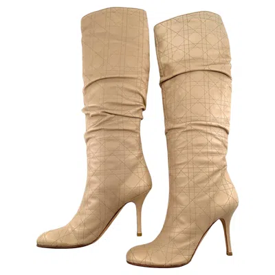 Pre-owned Dior Christian  Quilted Beige Leather Knee High Stiletto Boots Eu 40 In Brown