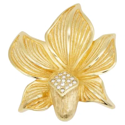 Pre-owned Dior Christian  Rare Vintage Gold Large Blossom Orchid Leaf Crystals Brooch In Purple
