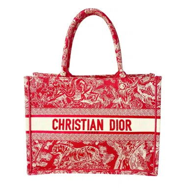 Pre-owned Dior Christian  Red Color White Canvas Tote Bag ()