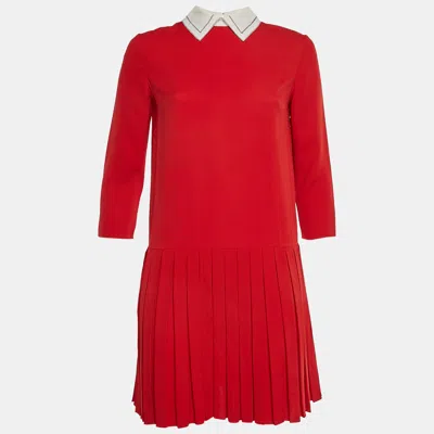 Pre-owned Dior Christian  Red Crepe Pleated Zip Up Mini Dress S