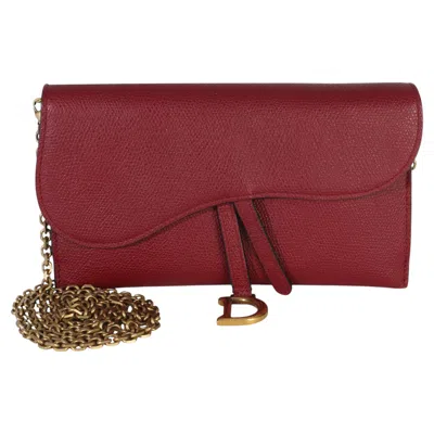 Pre-owned Dior Christian  Red Grained Calfskin Saddle Chain Wallet Pouch