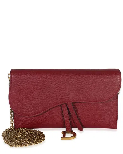 Pre-owned Dior Christian  Red Grained Calfskin Saddle Chain Wallet Pouch (authentic Pre-  Loved)