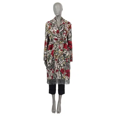 Pre-owned Dior Christian  Red Green Wool 2021 Floral Belted Fringed Knit Coat Jacket 38 S
