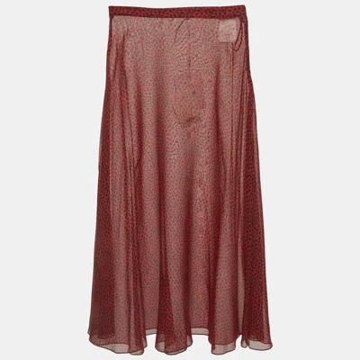 Pre-owned Dior Christian  Red Leopard Print Silk Flared Midi Skirt S