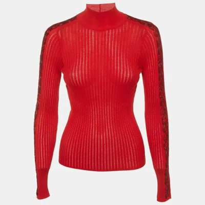 Pre-owned Dior Christian  Red Rib Knit Embellished Turtleneck Top S