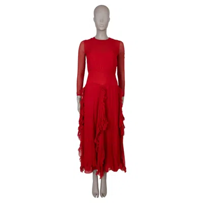 Pre-owned Dior Christian  Red Silk 2018 Sheer Ruffled Evening Gown Dress 38 S
