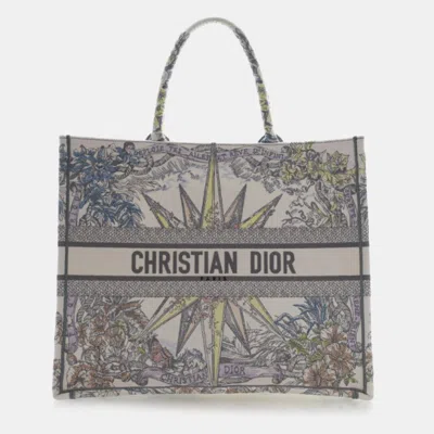 Pre-owned Dior Christian  Reve D'infini Large White Multicolor Embroidered Canvas Tote Bag