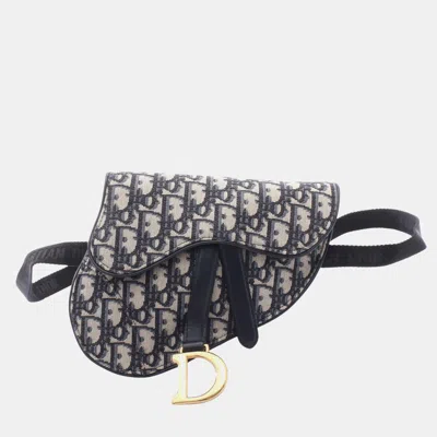 Pre-owned Dior Christian  Saddle Blue Oblique Jacquard Canvas Leather Belt Bag In Beige