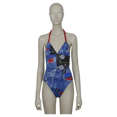Pre-owned Dior Christian  Shiny Wet Look Trompe L'oeil Denim Print One-pïece Swimsuit In Gray