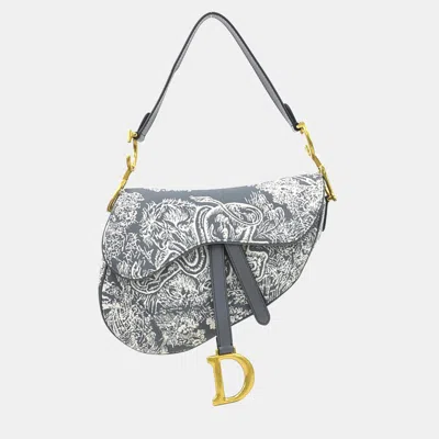 Pre-owned Dior Christian  Shoulder Bag Saddle Toile De Jouy Reverse Jacquard Canvas Leather Gray Off-white Gold