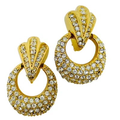 Pre-owned Dior Christian  Signed Vintage Crystal Door Knocker Designer Clip On Earrings In Multi