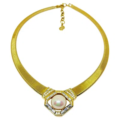 Pre-owned Dior Christian  Signed Vintage Gold Pearl Crystal Chain Designer 80's Necklace In Multi