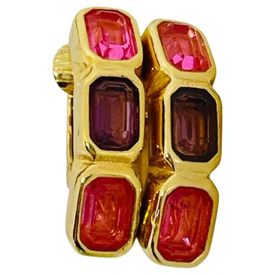 Pre-owned Dior Christian  Signed Vintage Gold Pink Crystals Designer Clip On Earrings