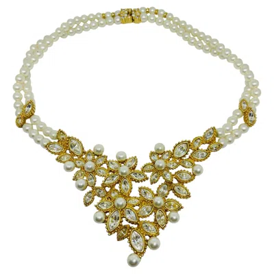 Pre-owned Dior Christian  Signed Vintage Gold Plated Faux Pearls Crystals Flower Necklace In Multiple