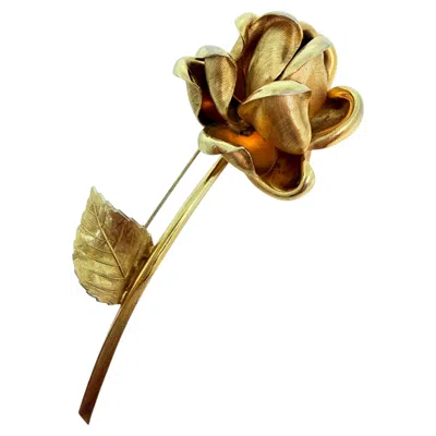 Pre-owned Dior Christian  Signed Vintage Gold Plated Rose Flower Designer 1960's Brooch In Red