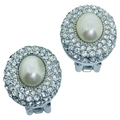 Pre-owned Dior Christian  Signed Vintage Silver Pearl Crystals Designer Clip On Earrings In Multi