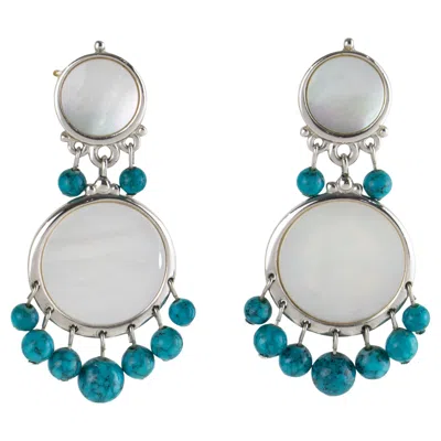 Pre-owned Dior Christian  Silvered Metal Clip Earrings With Mother Of Pearl And Turquoise In Multiple