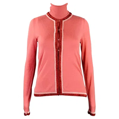 Pre-owned Dior Christian  Size 4 Pink Cashmere Contrast Trim Turtleneck Cardigan Set