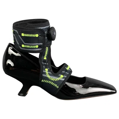 Pre-owned Dior Christian  Size 7 Black Yellow Patent Leather Square Toe Pumps
