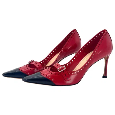 Pre-owned Dior Christian  Specta Buckle Brogue Maryjane Cap Toe Pointed Toe Pumps 37.5 In Red