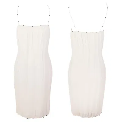 Pre-owned Dior Christian  S/s 1999 Ivory Silk Pleated Midi Dress With Bead Strap/hem In White