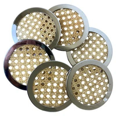 Pre-owned Dior Christian  Style Lucite & Rattan Coasters, Set Of 6, Italy, Circa 1970 In Brown