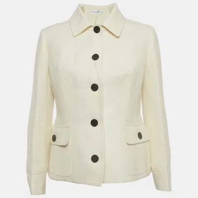 Pre-owned Dior Christian  Textured Linen Blend Button Front Jacket M In White