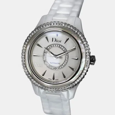 Pre-owned Dior Christian  Viii Montaigne Cd1245e9c001 Quartz White Diamond Mother Of Pearl Ceramic Women's Wris