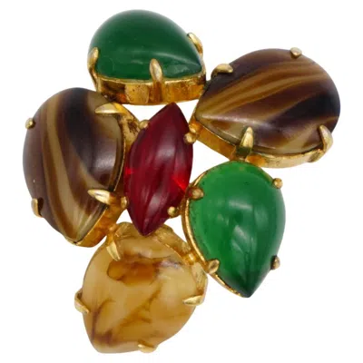 Pre-owned Dior Christian  Vintage 1963 Rare Gold Green Jade Brown Ruby Marquise Brooch