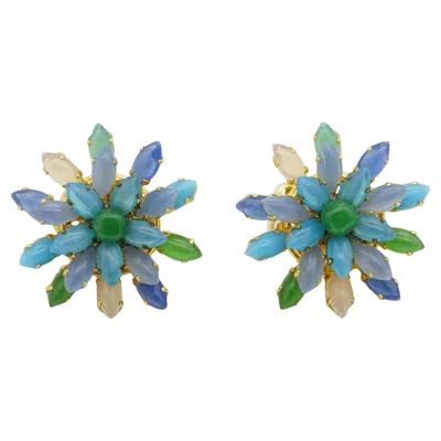 Pre-owned Dior Christian  Vintage 1966 Gripoix Sapphire Emerald Lilac Snowflake Earrings In Green