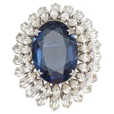 Pre-owned Dior Christian  Vintage 1966 Sapphire Crystals Blue Oval Peacock Eye Domed Brooch