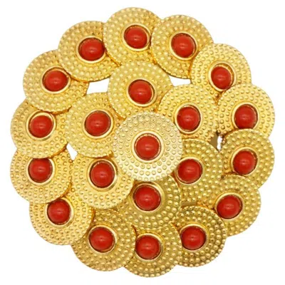 Pre-owned Dior Christian  Vintage 1967 Rare Red Circle Cabochon Gold Domed Openwork Brooch