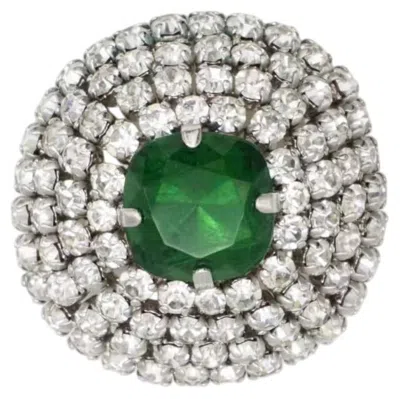 Pre-owned Dior Christian  Vintage 1967 Silver Green Emerald Crystals Layers Domed Brooch