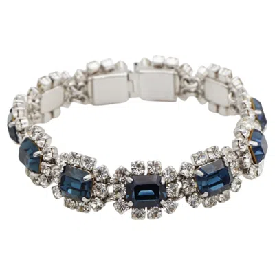 Pre-owned Dior Christian  Vintage 1968 Sapphire Blue Clear Crystals Silver Linked Bracelet
