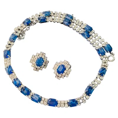 Pre-owned Dior Christian  Vintage 1970 Blue Sapphire Clear Link Cross Exquisite Silver Set