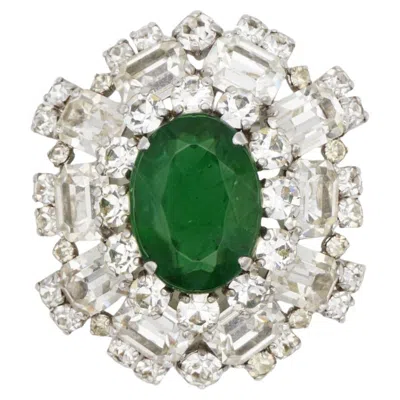 Pre-owned Dior Christian  Vintage 1970 Rare Peacock Emerald Green White Oval Domed Brooch
