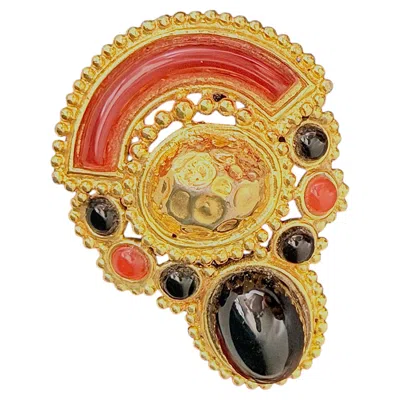 Pre-owned Dior Christian  Vintage 1971 Gold Rare Red Cabochon Carnelian Openwork Brooch