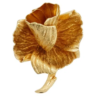 Pre-owned Dior Christian  Vintage 1972 Gold Vivid Textured Rose Curled Leaf Flower Brooch In Red