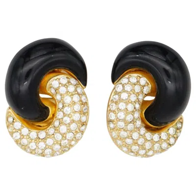 Pre-owned Dior Christian  Vintage 1980 Crystals Black Interlocked Half Twist Clip Earrings