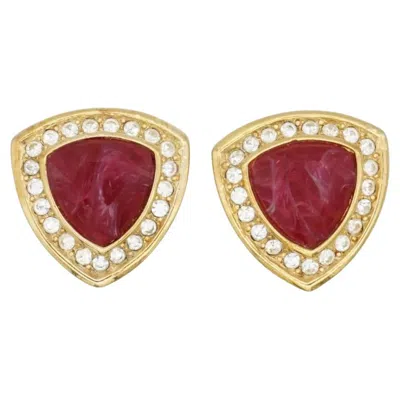 Pre-owned Dior Christian  Vintage 1980s Gold Ruby Red Triangle Shield Crystals Earrings